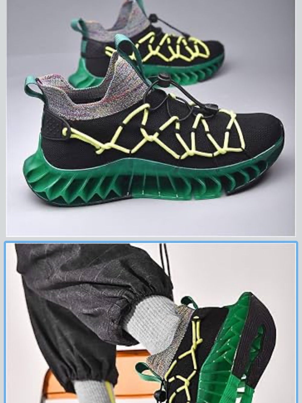 Men’s Black Sneakers with Neon Yellow Laces and Green sole